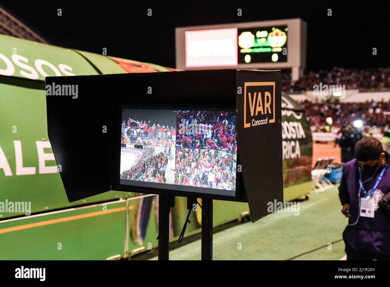 SAN JOSE, Costa Rica: Video Assistant Referee (VAR) system, during the 1-0 Costa Rica victory over Canada in the Concacaf FIFA World Cup Qualifiers on Stock Photo