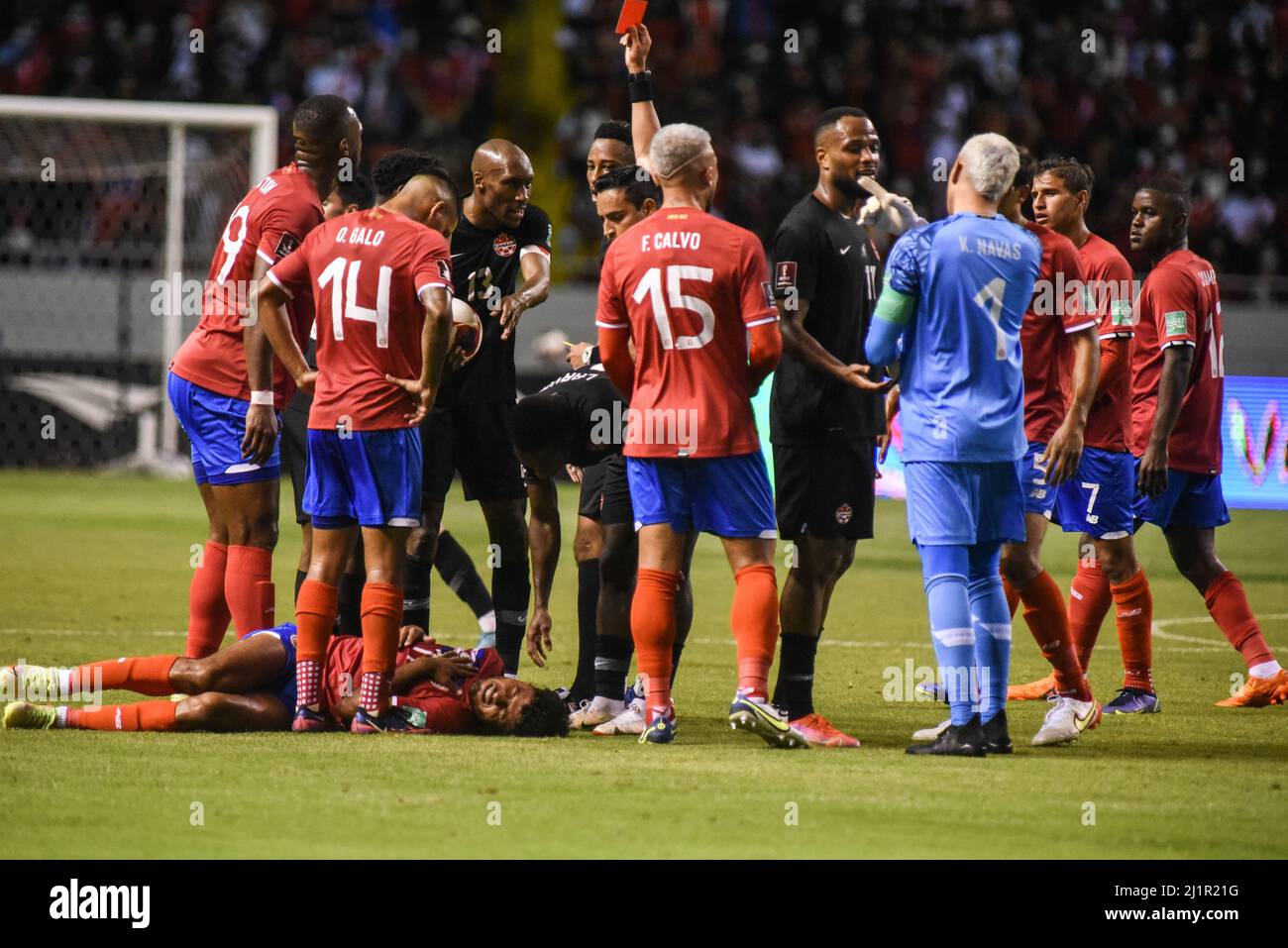 SAN JOSE, Costa Rica Costarican and canadian players surround referee Said Martínez during the