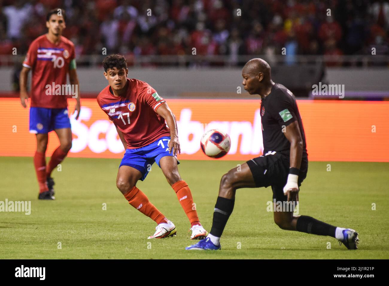 SAN JOSE, Costa Rica: Yeltsin Tejeda (L) and Kamal Miller (R), during the 1-0 Costa Rica victory over Canada in the Concacaf FIFA World Cup Qualifiers Stock Photo