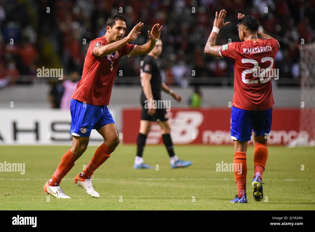 SAN JOSE, Costa Rica: Celso Borges (L) and Ronald Matarrita (R), celebrate goal scoring during the 1-0 Costa Rica victory over Canada in the Concacaf Stock Photo