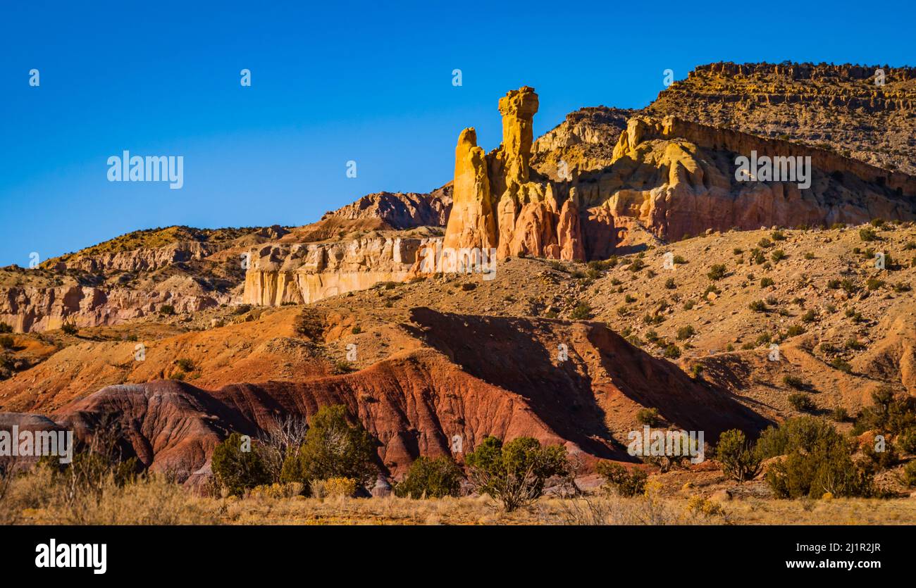 View of Chimney Rock at Ghost Ranch in New Mexico Stock Photo
