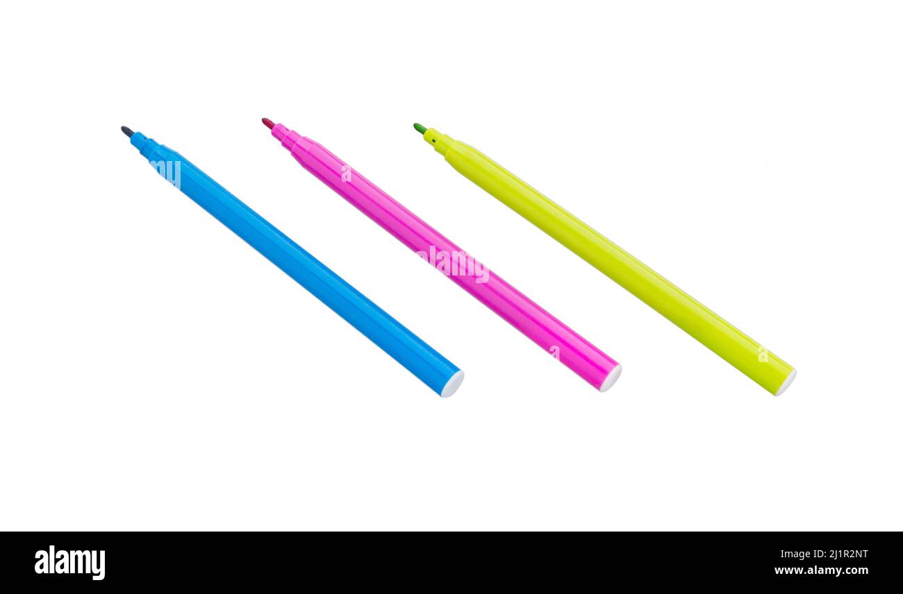 Felt Tip Pens. Multicolored Felt-Tip Pens isolated on a white background. Colorful markers pens. Tub of coloured marker pens. Stock Photo