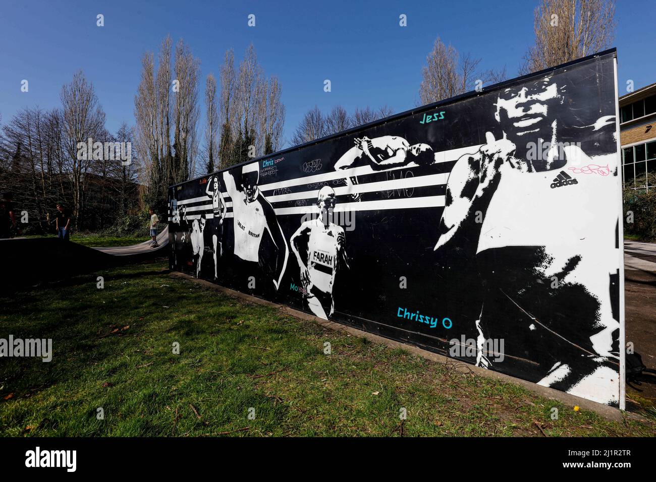 26th March 2022 ; Fassnidge Skate Park, Uxbridge England; Reflection of the  locations used for 2012 Summer Olympics London; The unkempt appearance of  the London 2012 Adidas Wall showing graffiti featuring Louis Smith, Goldie  Sayers, Chris Hoy, Mo ...