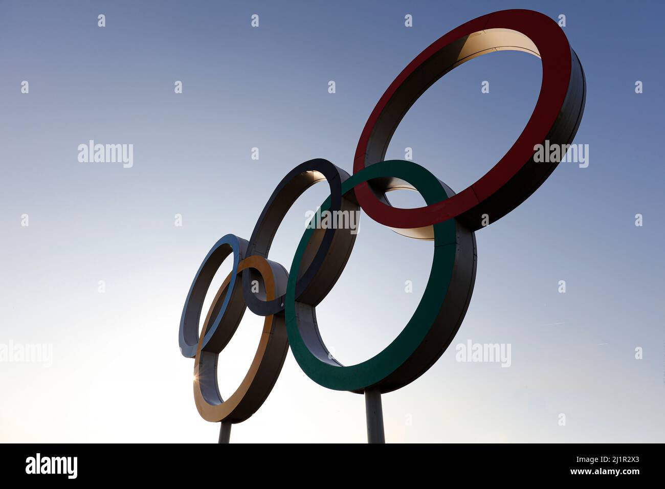 26th March 2022 ; Olympic Rings Lee Valley, Stratford England; Reflection of the locations used for 2012 Summer Olympics London; Olympic rings symbol at Queen Elizabeth Olympic Park Stock Photo