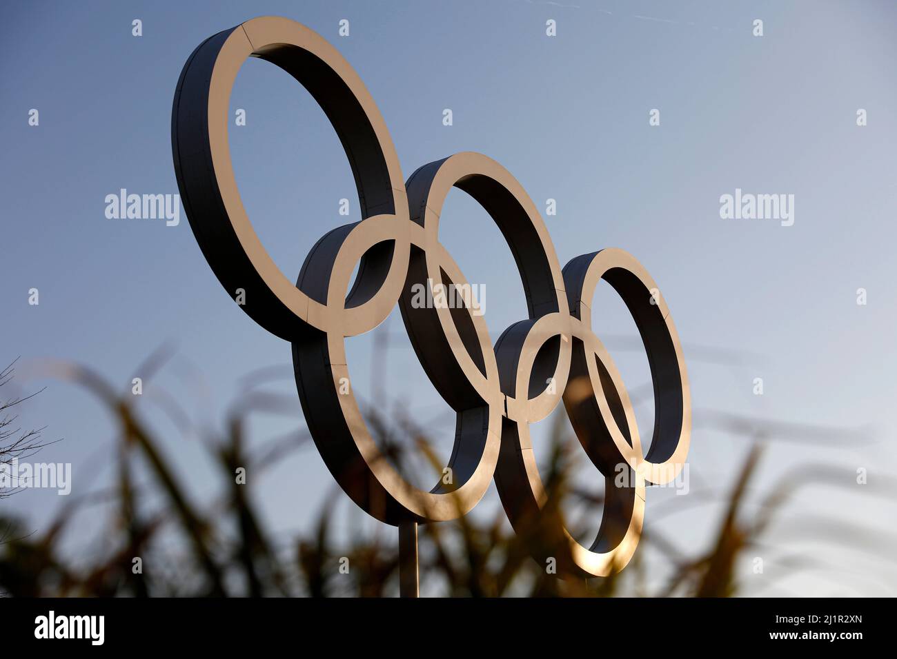 26th March 2022 ; Olympic Rings Lee Valley, Stratford England; Reflection of the locations used for 2012 Summer Olympics London; Olympic rings symbol at Queen Elizabeth Olympic Park Stock Photo