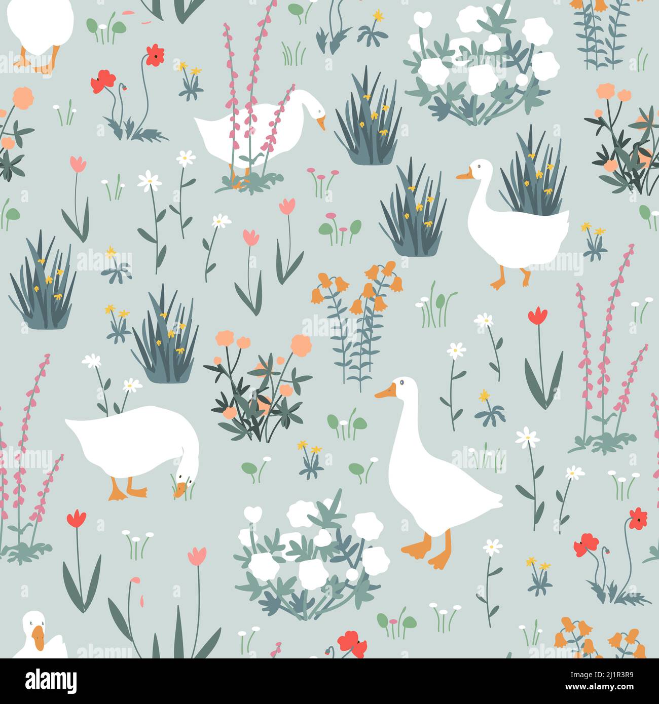 Cute seamless pattern with goose and doodle flowers. Geese in the spring garden. Vector illustration. Stock Vector