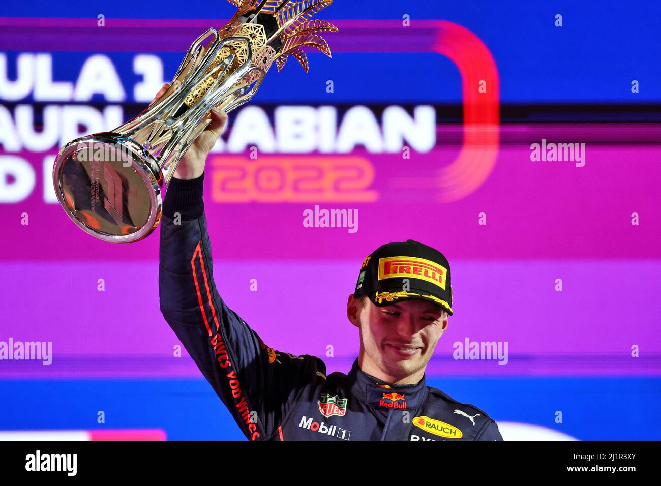 Jeddah, Saudi Arabia. 27th Mar, 2022. Race winner Max Verstappen (NLD) Red Bull Racing celebrates on the podium