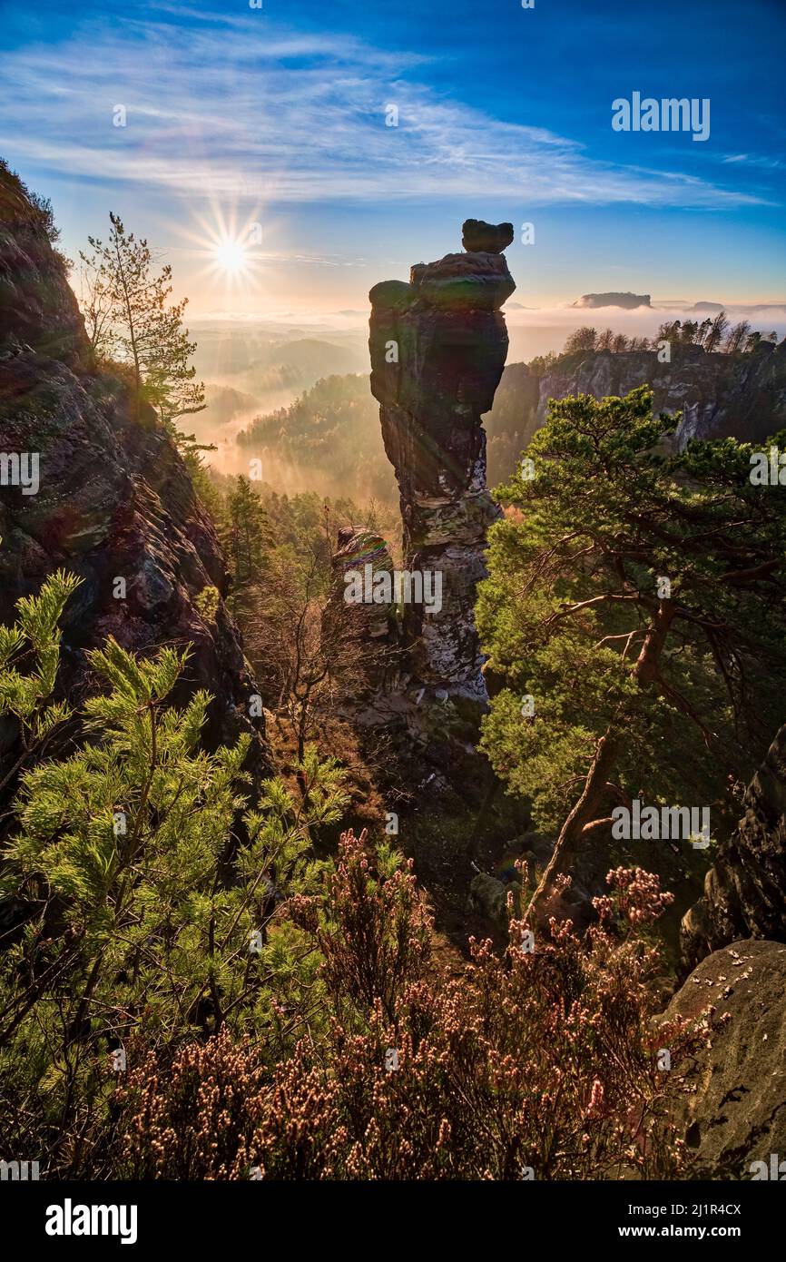 Landscape with rock formations and the summit Wehlnadel in Rathen area of the Saxon Switzerland National Park at sunrise. Stock Photo