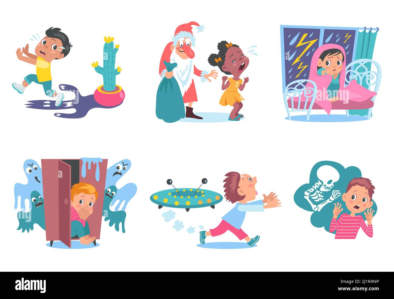 Children fears. Sad and scared kids. Little boys and girls with