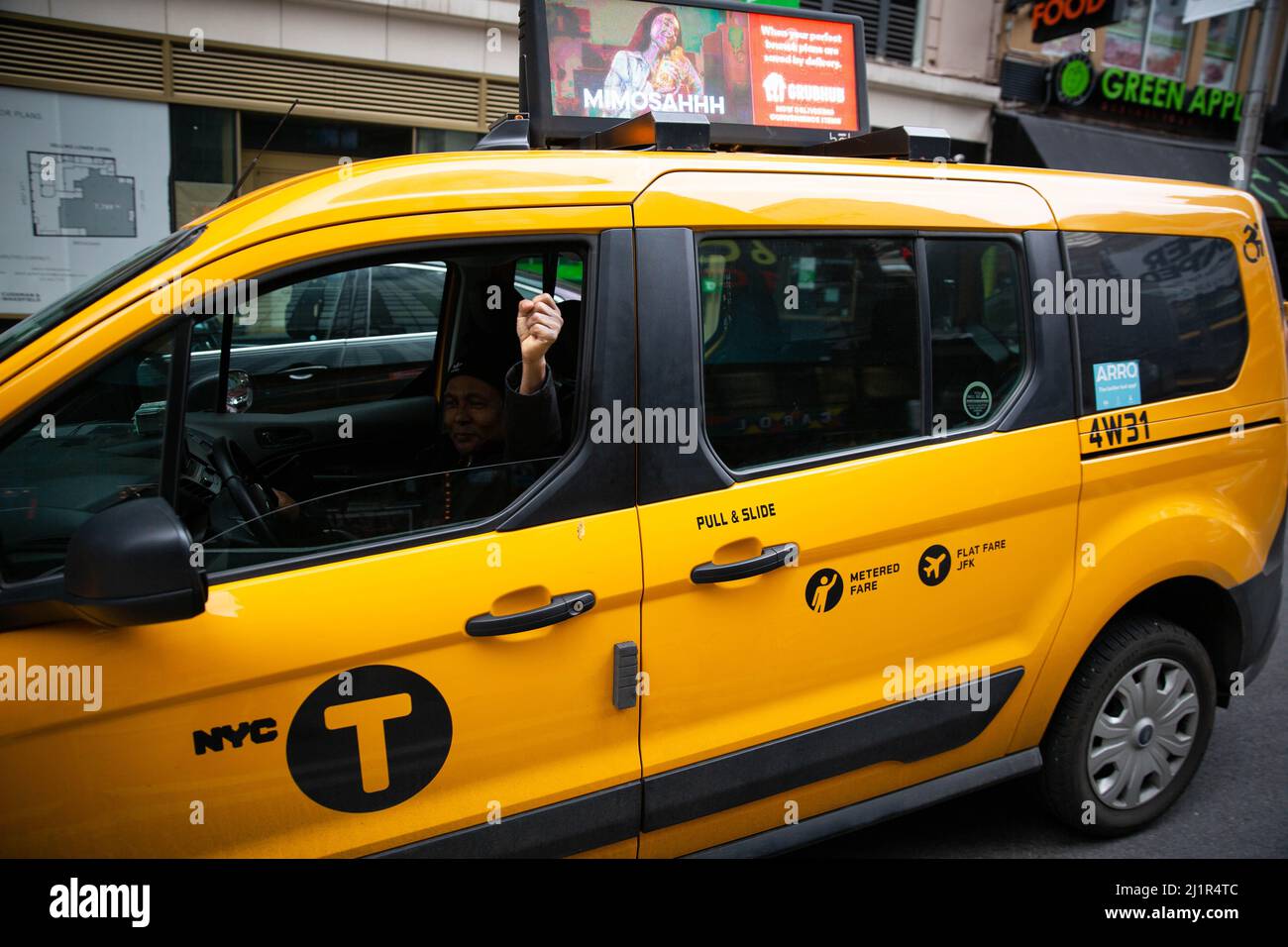 New York City, USA. 27th Mar, 2022. The New York Taxi Workers Alliance (NYTWA) gathered at Vender Price, the law firm of O'Brien Staley Partners & OSK in New York, USA, to kick off a 2,400-mile journey to the OSK Headquarters in Edina, Minnesota, on March 27, 2022. Their aim is to stop the company from seizing the medallions and homes of taxi drivers. NYTWA is calling on the firm to agree to join New York City's debt relief program. (Photo by Karla Coté/SIPA USA). Credit: Sipa USA/Alamy Live News Stock Photo