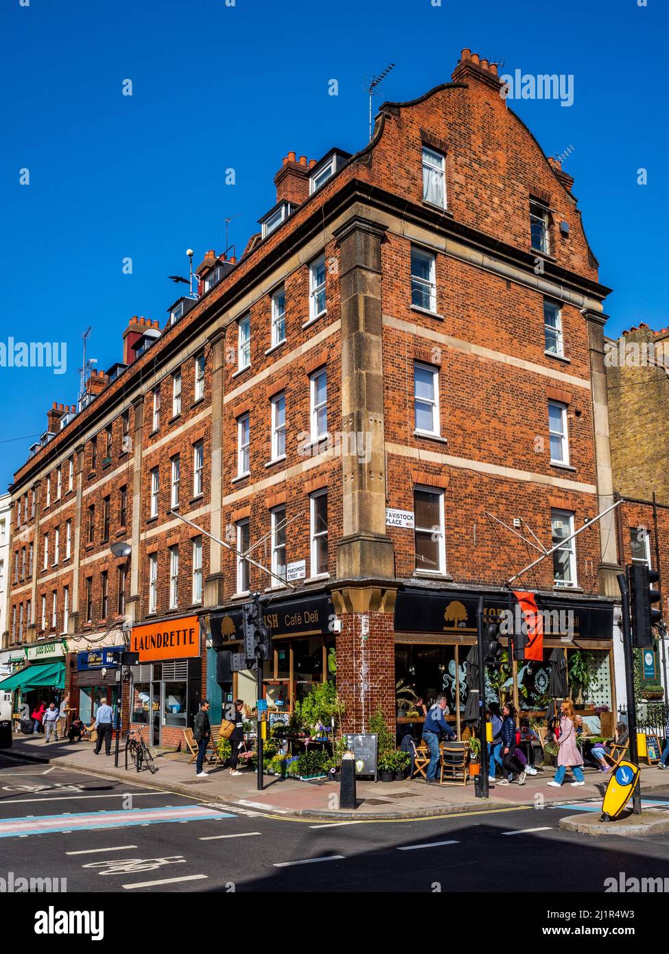 Bloomsbury London - Corner of Marchmont Street and Tavistock Place in the Bloomsbury District of London. Stock Photo