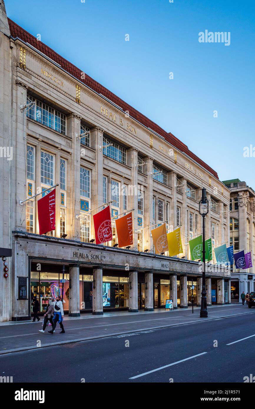 Heals Store Tottenham Court Road London. Blue flags wave outside the Heals Furniture and Design shop. Founded in 1810 by John Harris Heal and son Stock Photo
