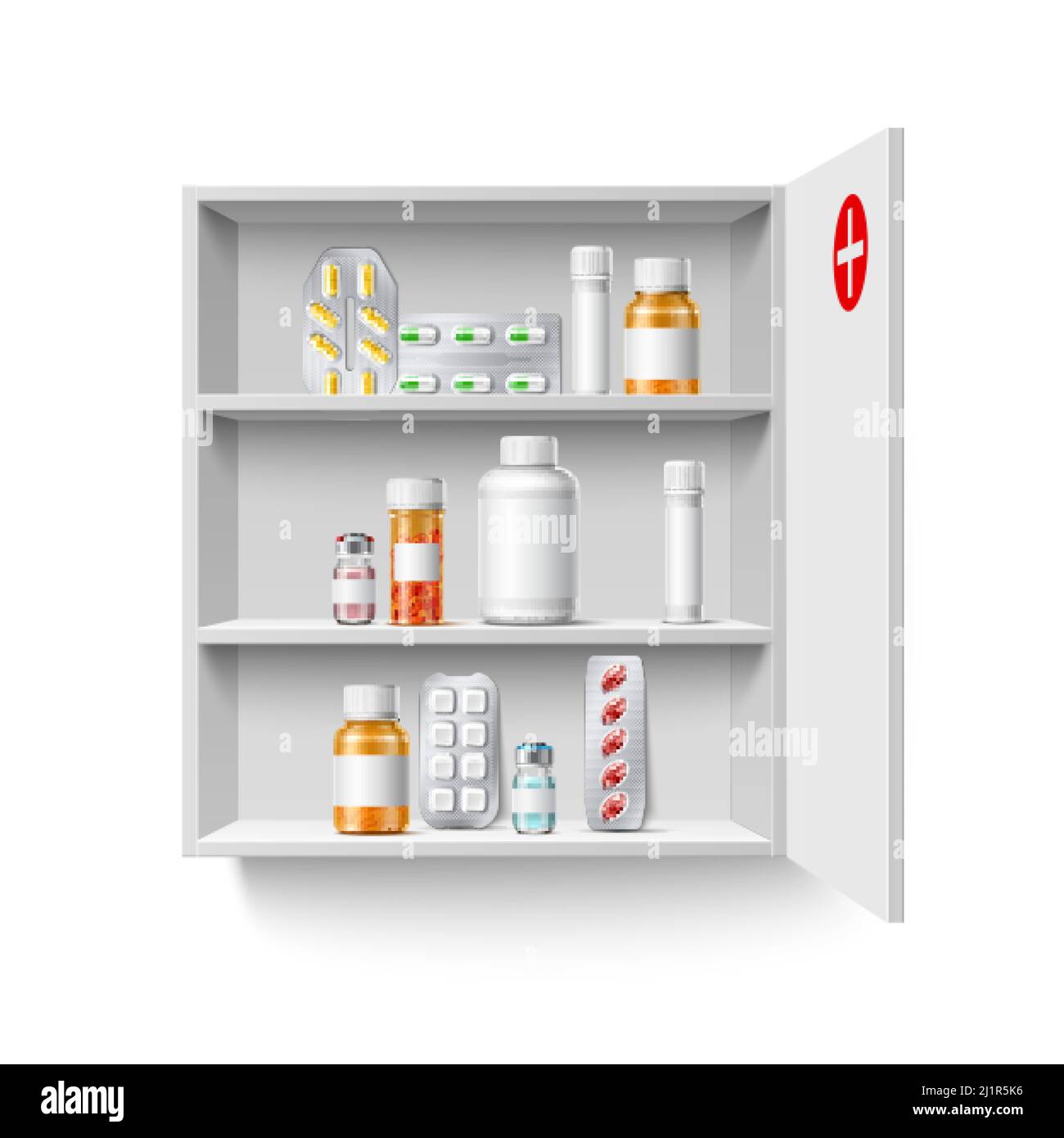 Realistic medicine 3D home first aid kit. Shelves with drugs bottles and blisters with