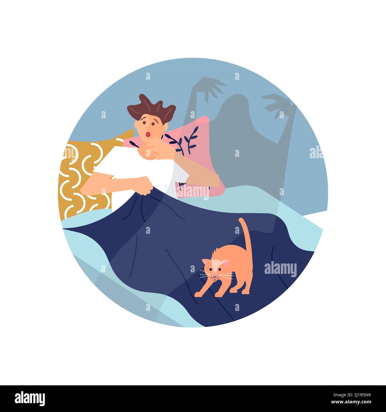 Round red template with Frightened man screaming in fear of of a nightmare. Stock Vector