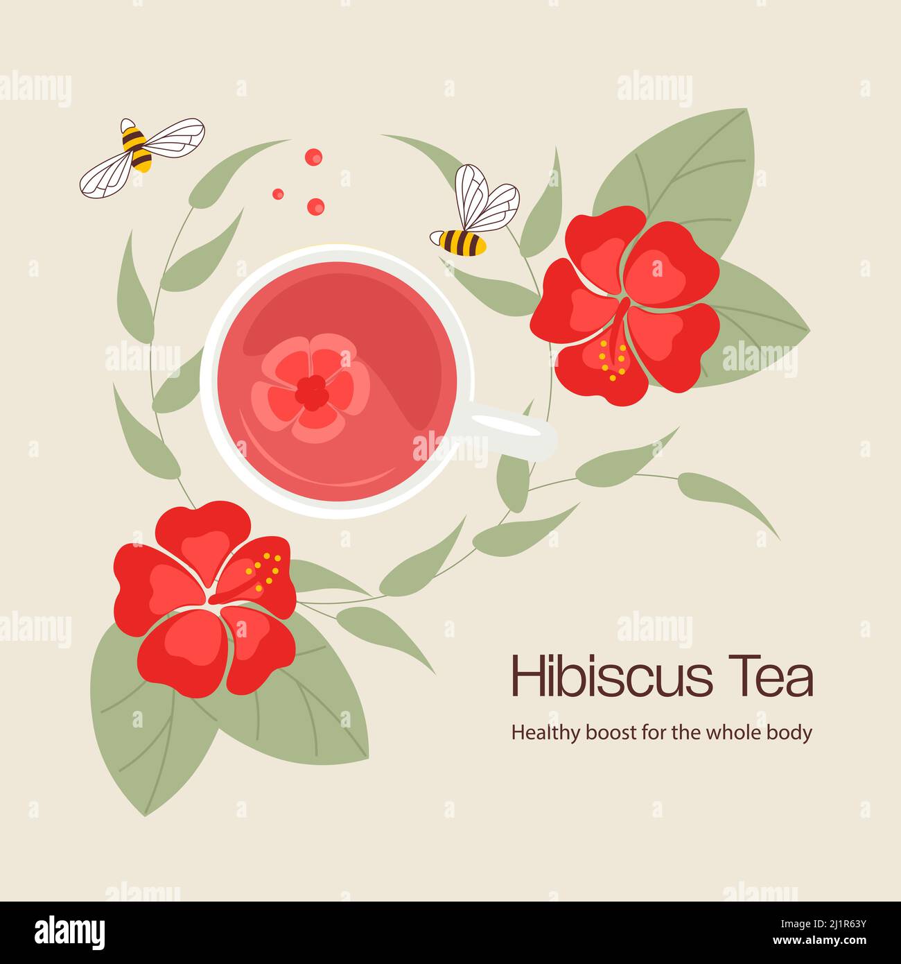 Mug of herbal tea among the hibiscus flowers. Stock Vector