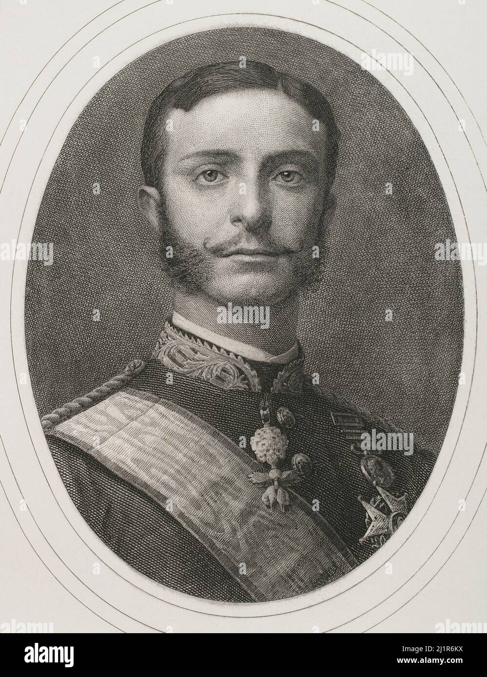 Alfonso XII (Madrid, 1857-Madrid, 1885). King of Spain (1874-1885). Portrait. Engraving by Bartolomé Maura. Historia General de España, by Modesto Lafuente. Volume VI. Published in Barcelona, 1882. Stock Photo
