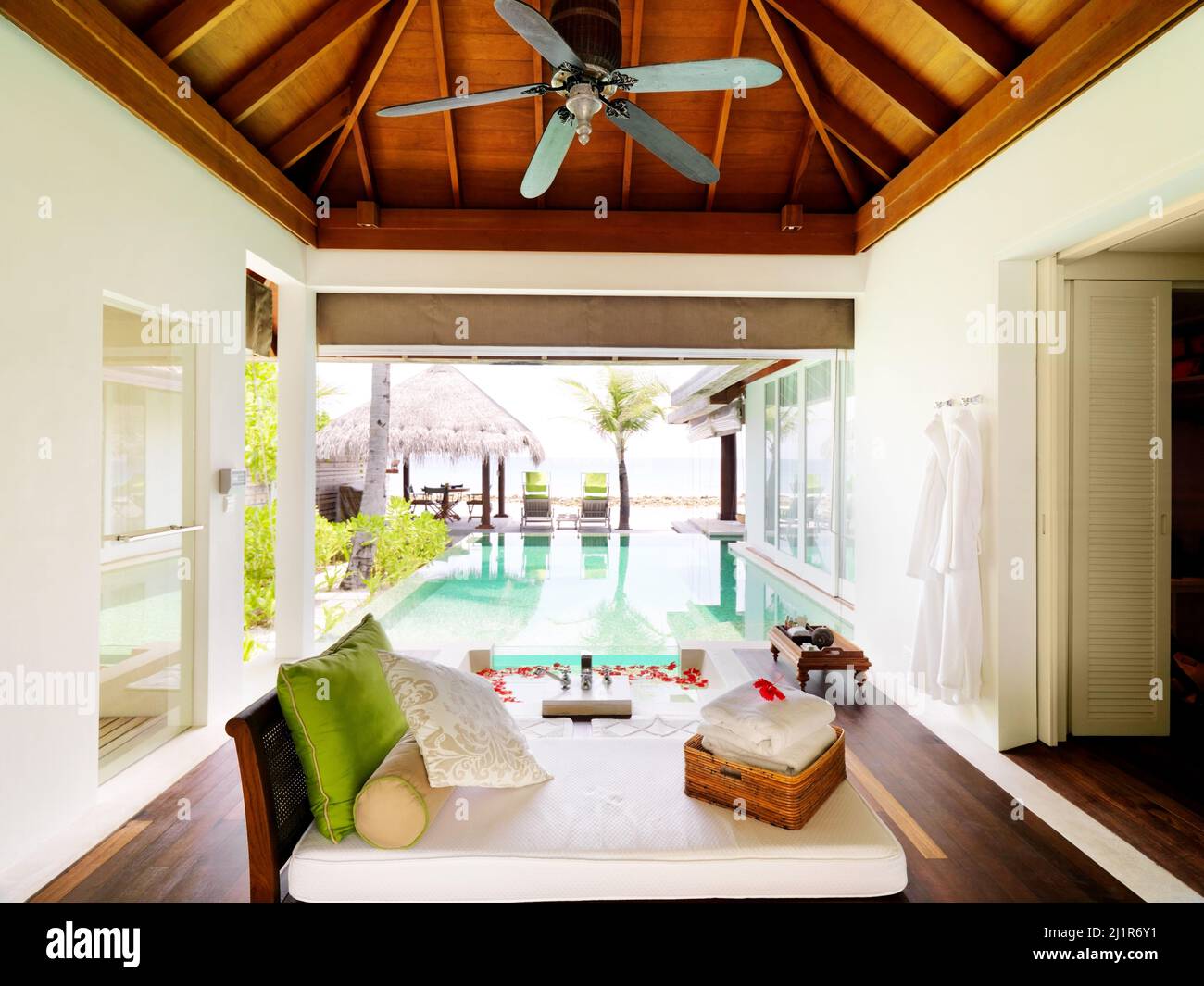 Luxurious holiday home. Beautiful interior of a luxurious resort on the beach. Stock Photo