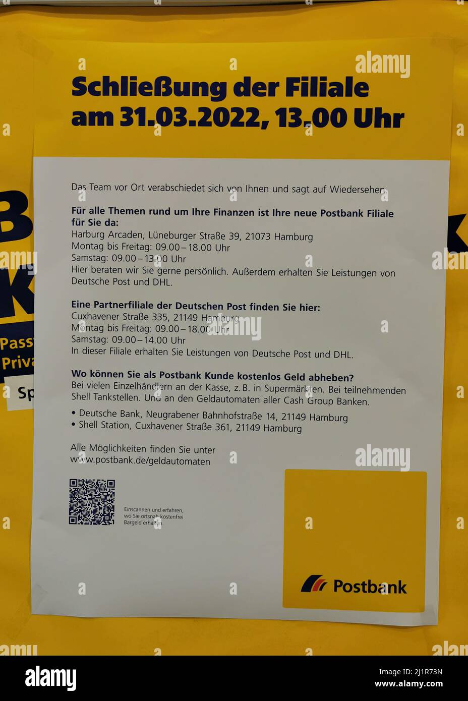In Neugraben - Bezirk Harburg in Hamburg schließt am 31.03.2022 die letzte  Filiale der Postbank ihre Pforten in der Neugrabener Bahnhofstraße Stock  Photo - Alamy