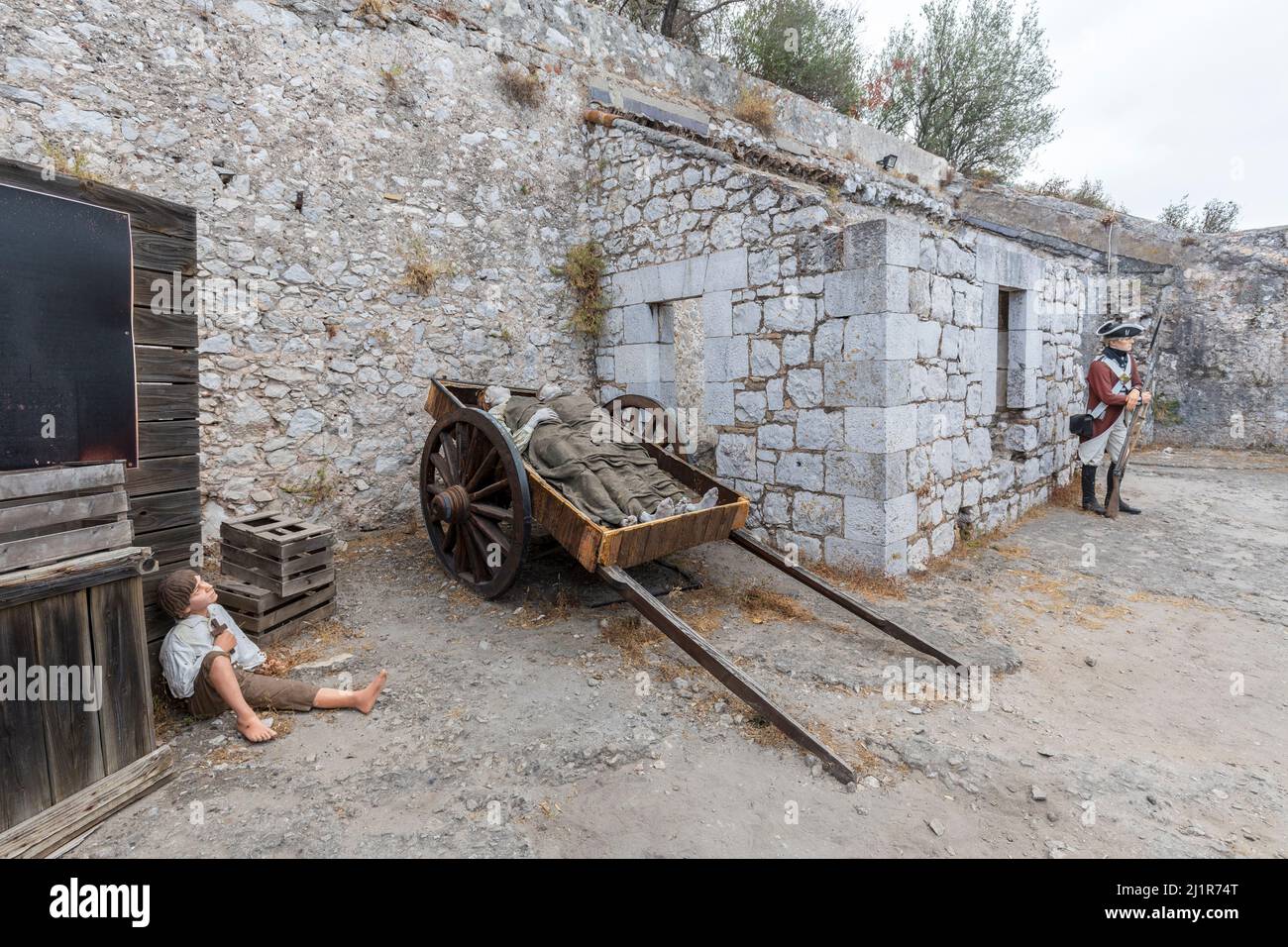 Dead soldiers in a cart, part of museum exhibit at Willis's Magazine