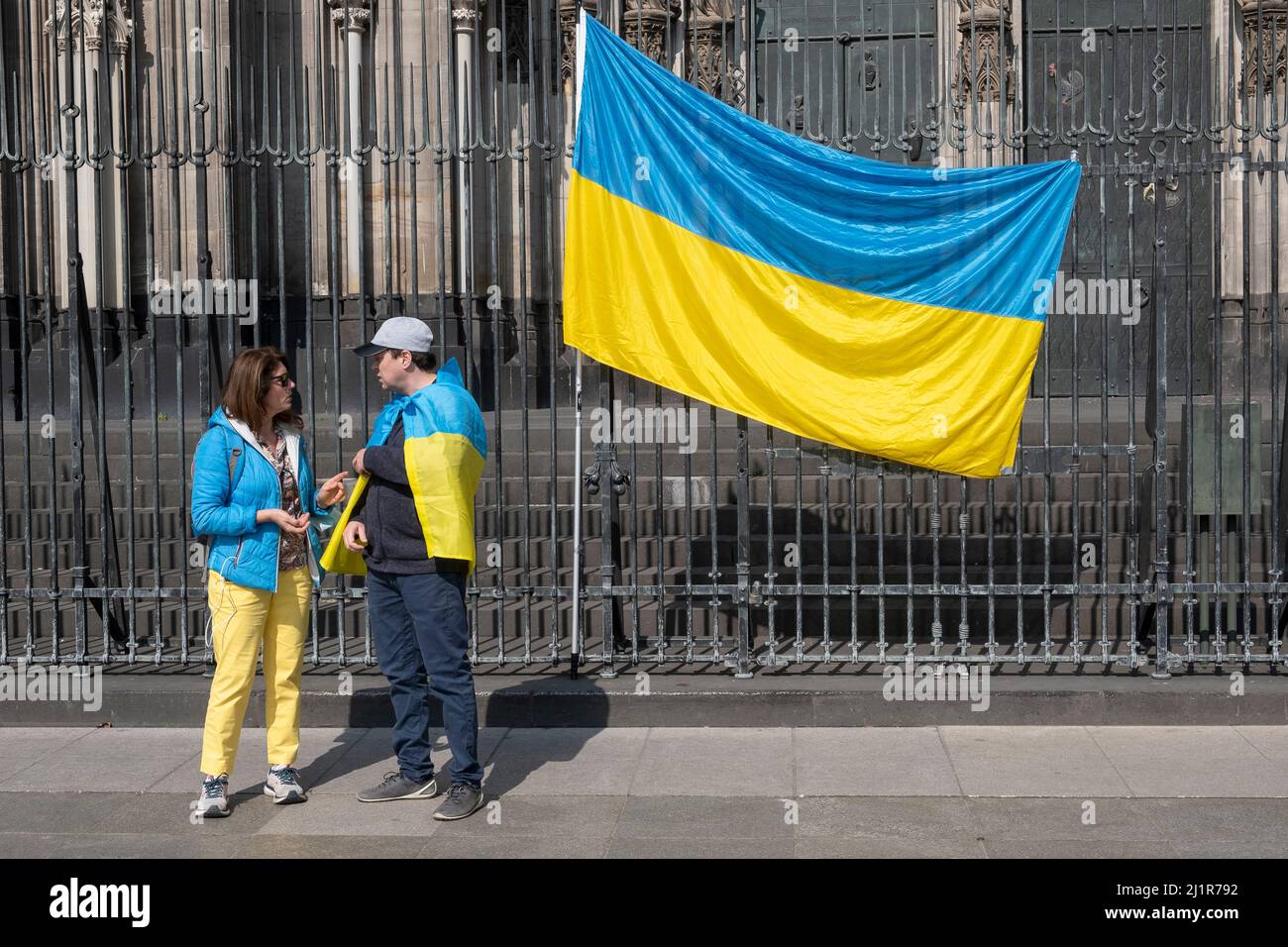 The German-Ukrainian association BLAU GELBES KREUZ is holding a special rally on Saturday, 26.3. from 13.30 to 17.30H in Cologne at Roncalliplatz. Stock Photo
