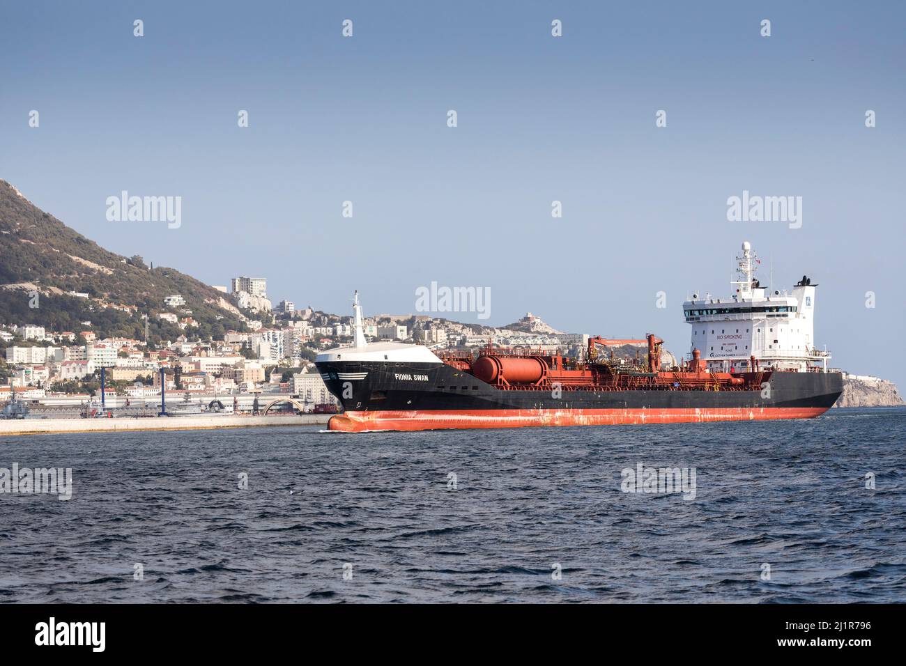 Shipping, the Fionia Swan chemical and oil tanker in the Bay of Gibraltar Stock Photo
