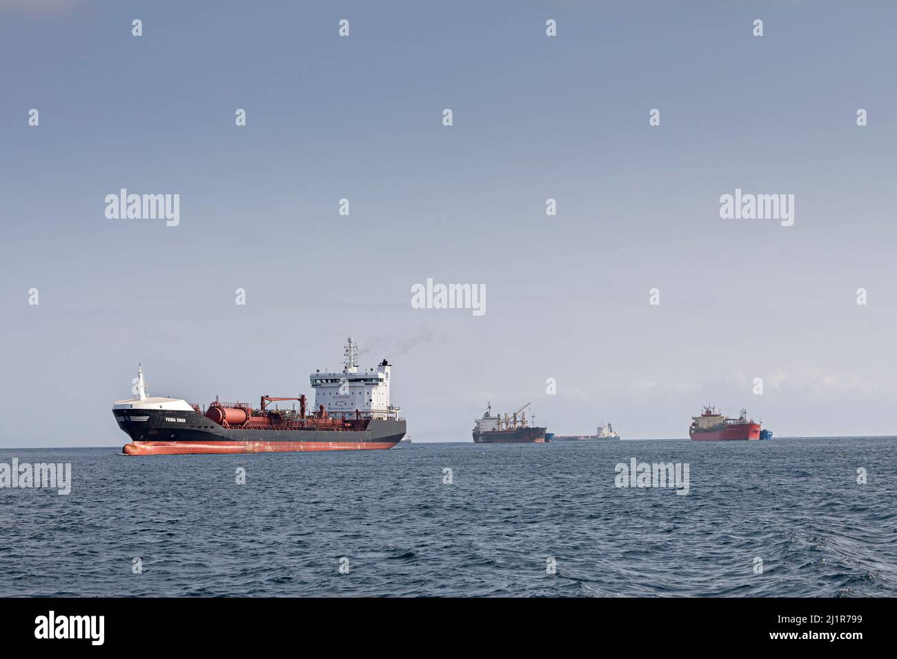 Shipping, the Fionia Swan chemical and oil tanker in the Bay of Gibraltar Stock Photo