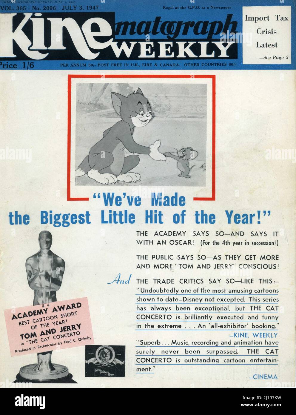 Front Cover of Kinematograph Weekly from July 3rd 1947 advertising the Oscar Winning TOM AND JERRY cartoon short THE CAT CONCERTO 1947 directors / writers JOSEPH BARBERA and WILLIAM HANNA producer FRED QUIMBY Metro Goldwyn Mayer Stock Photo