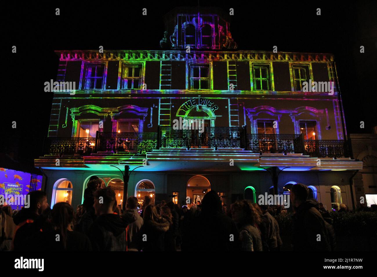 The Pier hotel lights up as part of the Harwich Illuminate festival celebrating the history of Harwich. Stock Photo