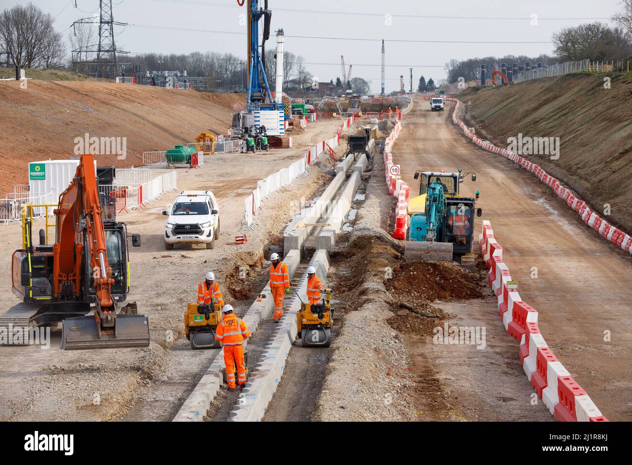 Work underway on the HS2 High Speed Railway cut and cover tunnel that goes under Burton Green in Warwickshire. Picture taken from Waste lane looking toward Burton Green. Stock Photo