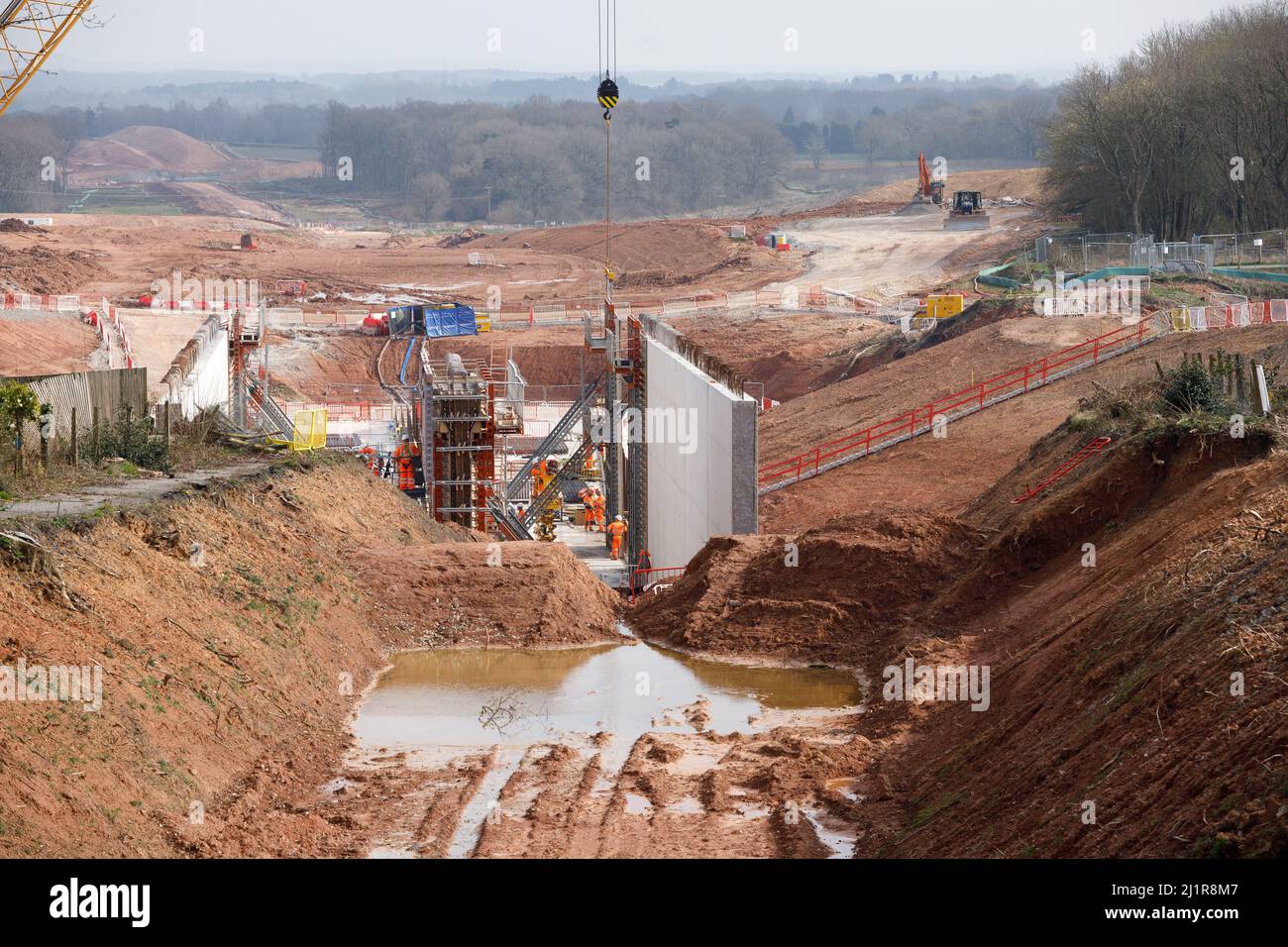 Work underway on the HS2 High Speed Railway cut and cover tunnel that goes under Burton Green in Warwickshire. Picture shows work constructing the cut and cover tunnel under the Cromwell Lane in Burton Green. Stock Photo