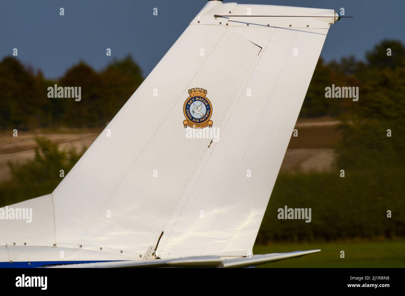 Badge of the Civil Air Patrol, Sky Watch, on the tail of a Reims F150J, Cessna 150 plane. Motto Observe and Support. Now known as Civil Air Support Stock Photo