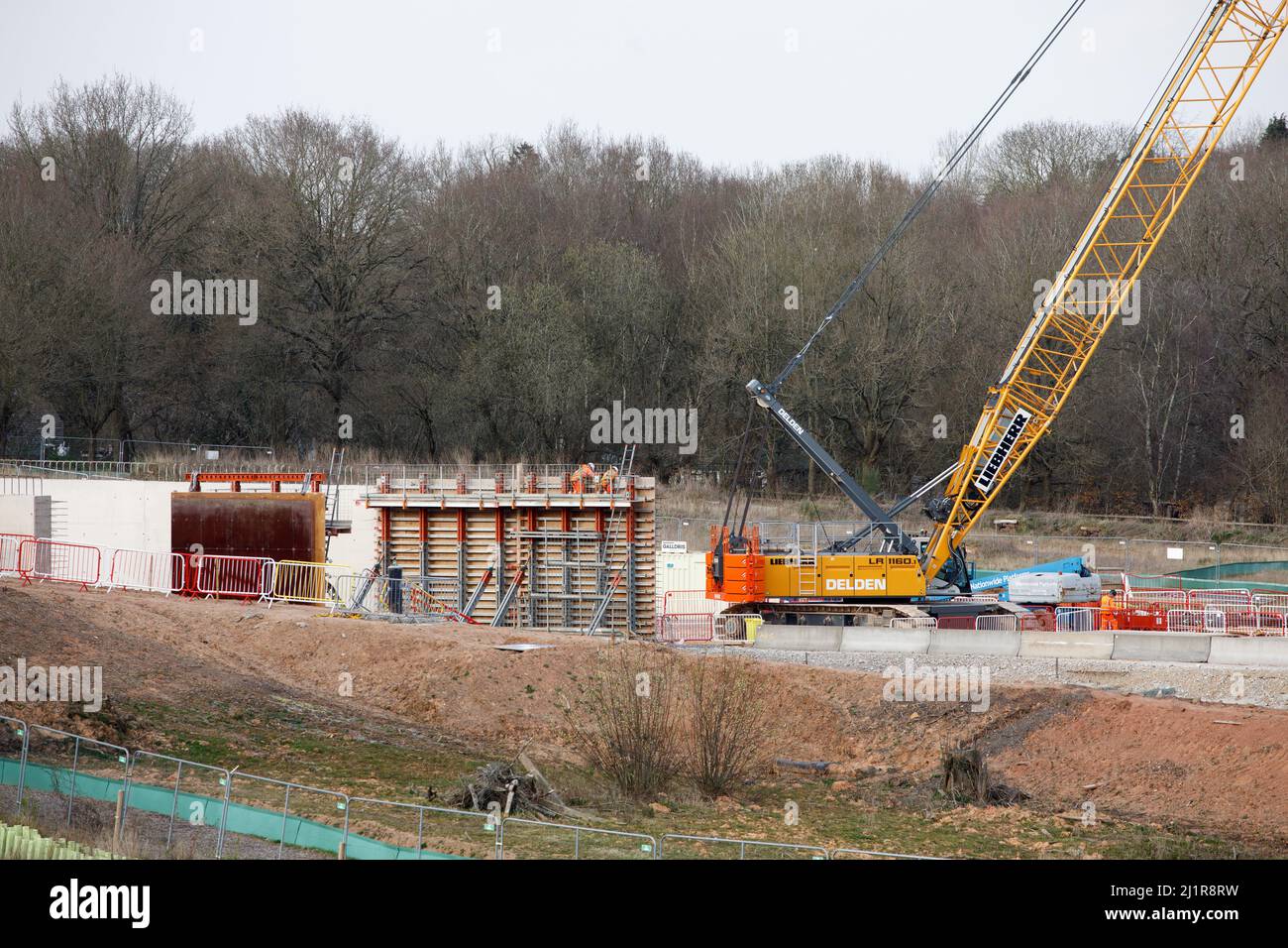 Work underway on the HS2 High Speed Railway cut and cover tunnel that goes under Burton Green in Warwickshire. Picture shows work constructing the cut and cover tunnel under the Cromwell Lane in Burton Green. Stock Photo