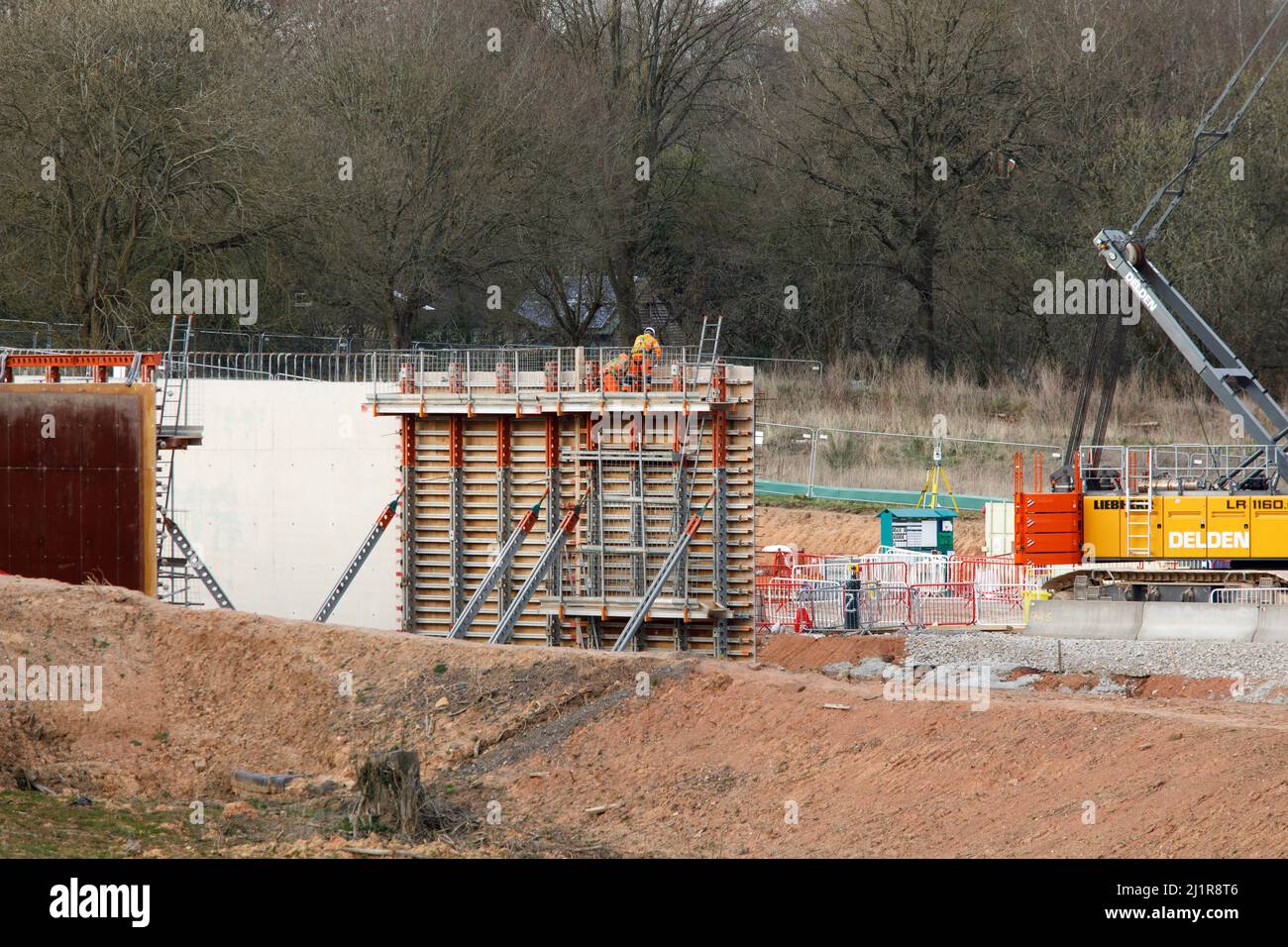 Work underway on the HS2 High Speed Railway cut and cover tunnel that goes under Burton Green in Warwickshire. Picture shows work constructing the cut and cover tunnel under the Cromwell Lane in Burton Green. Stock Photo