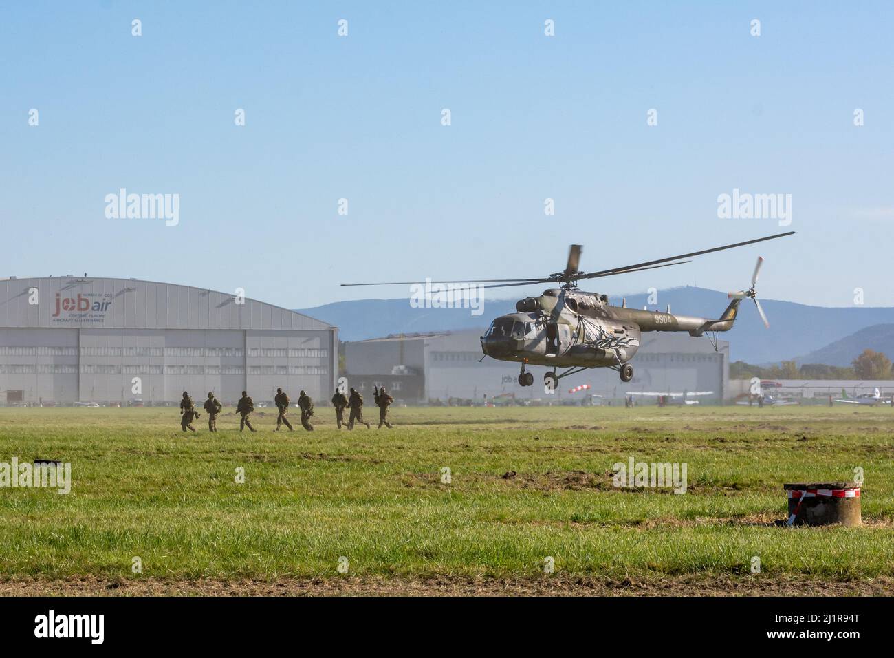 NATO Days, Ostrava, Czech Republic. September 22nd, 2019:  Czech and Romanian Special forces soldiers land in Czech air force Mil Mi-171 Helicopter Stock Photo