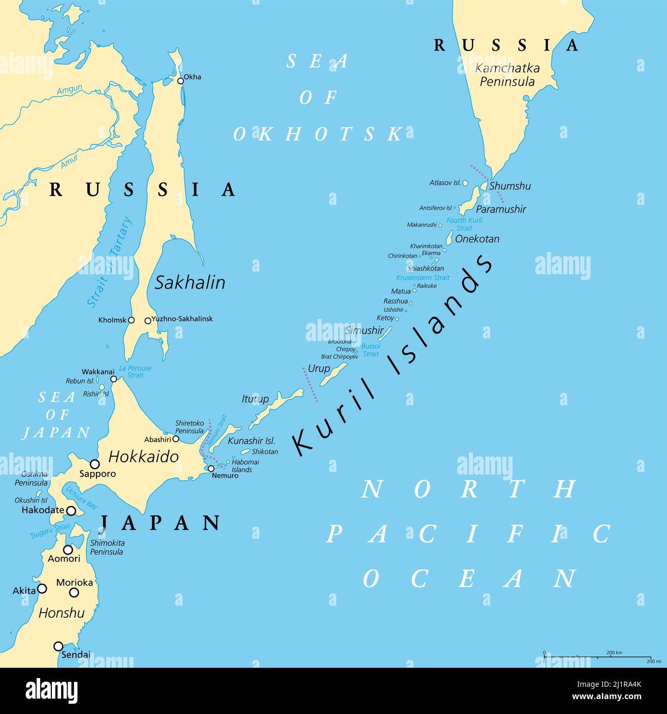 Kuril Islands political map. A volcanic archipelago part of Sakhalin Oblast in the Russian Far East. It stretches from Hokkaido in Japan to Kamchatka. Stock Photo
