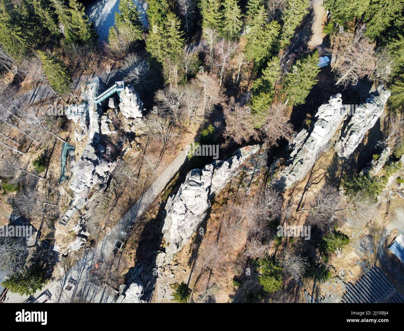 Aerial view of the Greifensteine in the Ore Mountains Stock Photo