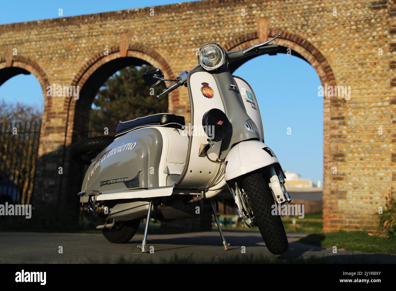 Spanish Lambretta photographed in Worthing, West Sussex, United Kingdom, on the seafront. Stock Photo