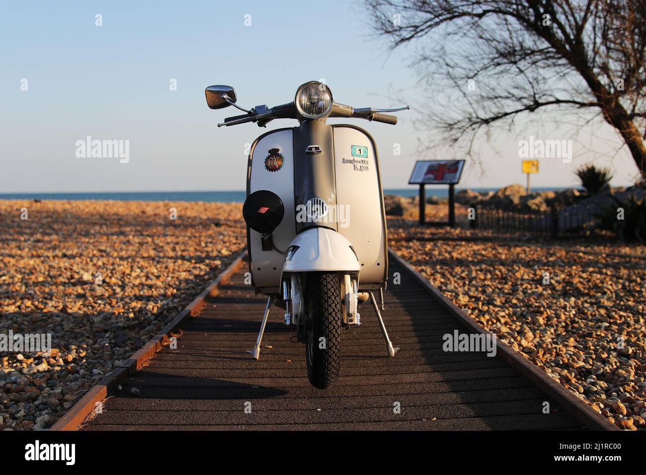 Spanish Lambretta photographed in Worthing, West Sussex, United Kingdom, on the seafront. Stock Photo