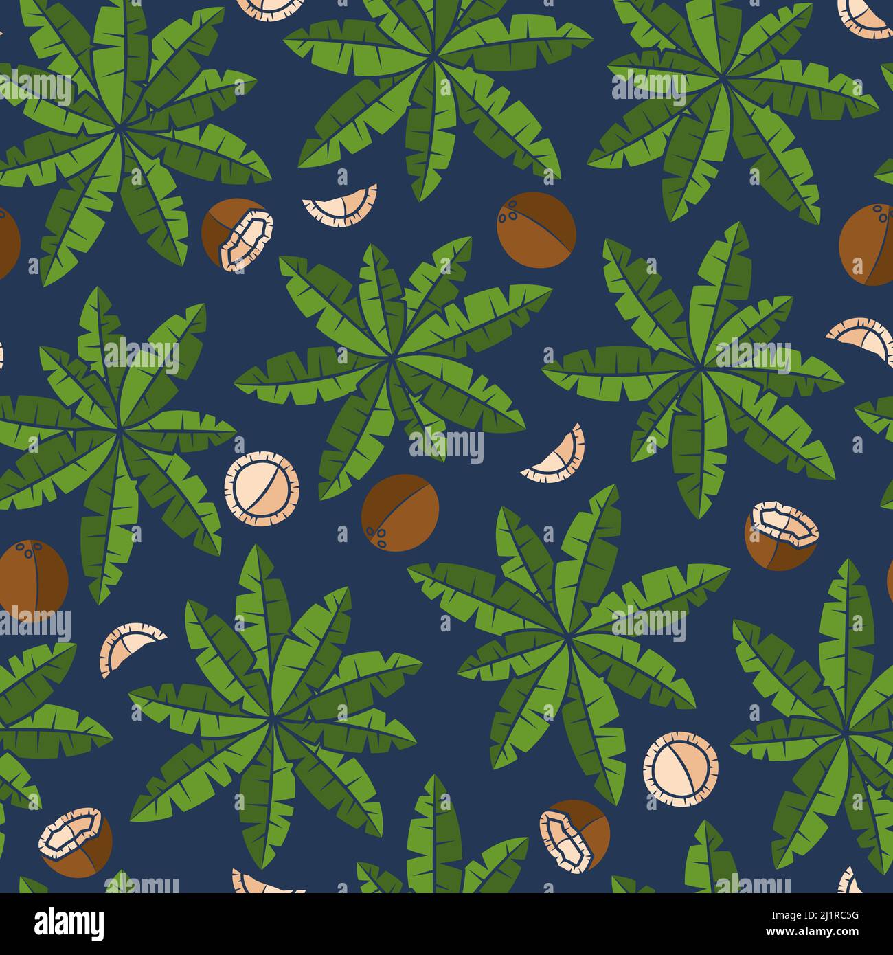 Seamless pattern with palm trees and coconuts. Tropical vector background with isolated objects. Stock Vector