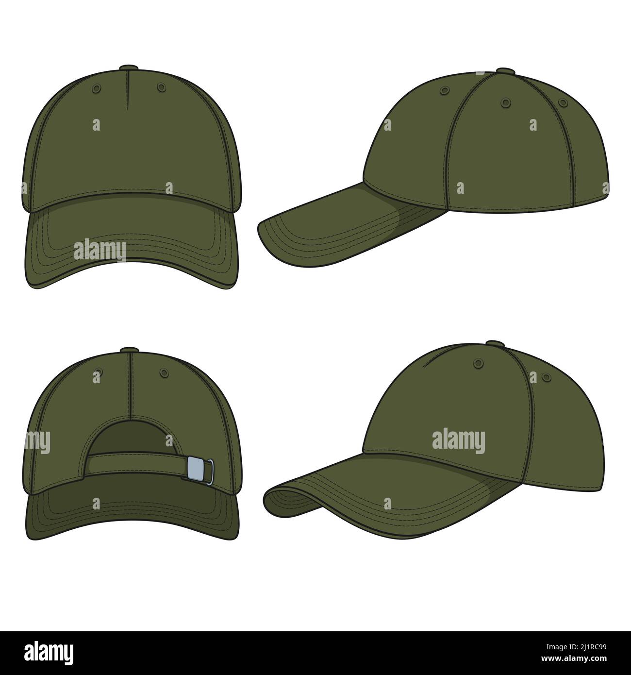 Set of color illustrations with khaki baseball cap. Isolated vector objects on white background. Stock Vector