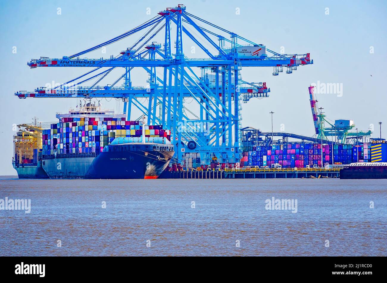 Northern Monument, a Portugese container ship, is docked at APM Terminals, March 25, 2022, in Mobile, Alabama. Northern Monument was built in 2004. Stock Photo