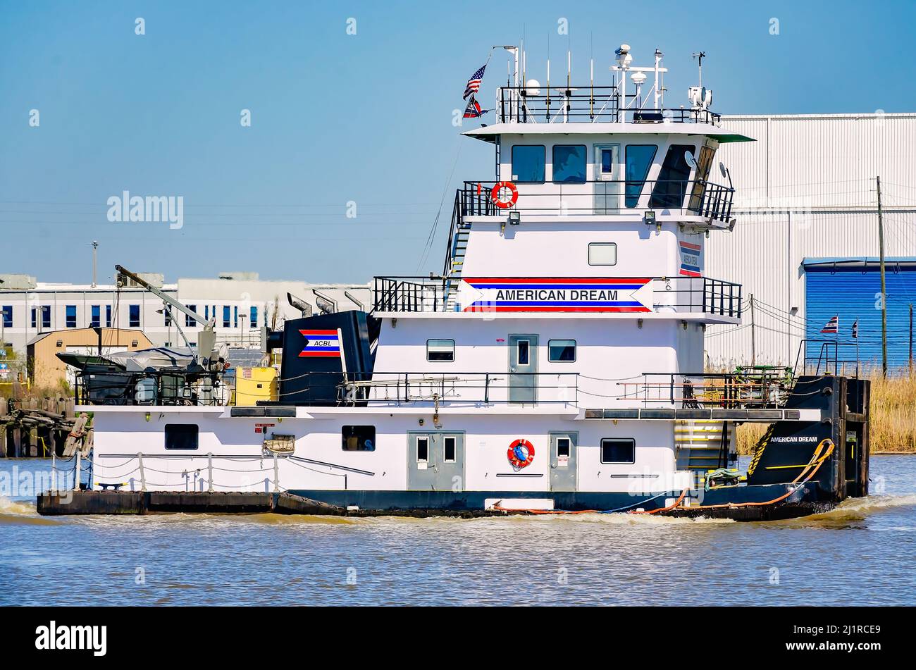 American Dream, a twin-screw towboat, is pictured on the Mobile River, March 25, 2022, in Mobile, Alabama. The ship was built in 2014. Stock Photo