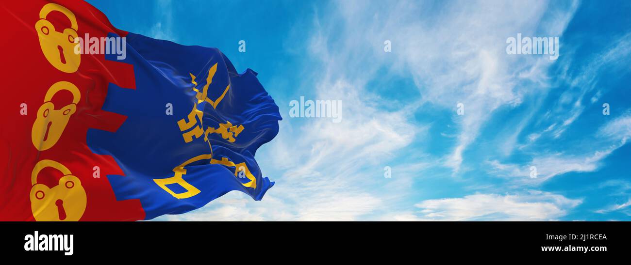 flag of Willenhall town  , UK at cloudy sky background on sunset, panoramic view. County of united kingdom of great Britain, England. copy space for w Stock Photo