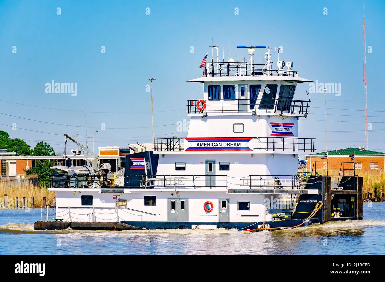 American Dream, a twin-screw towboat, is pictured on the Mobile River, March 25, 2022, in Mobile, Alabama. The ship was built in 2014. Stock Photo