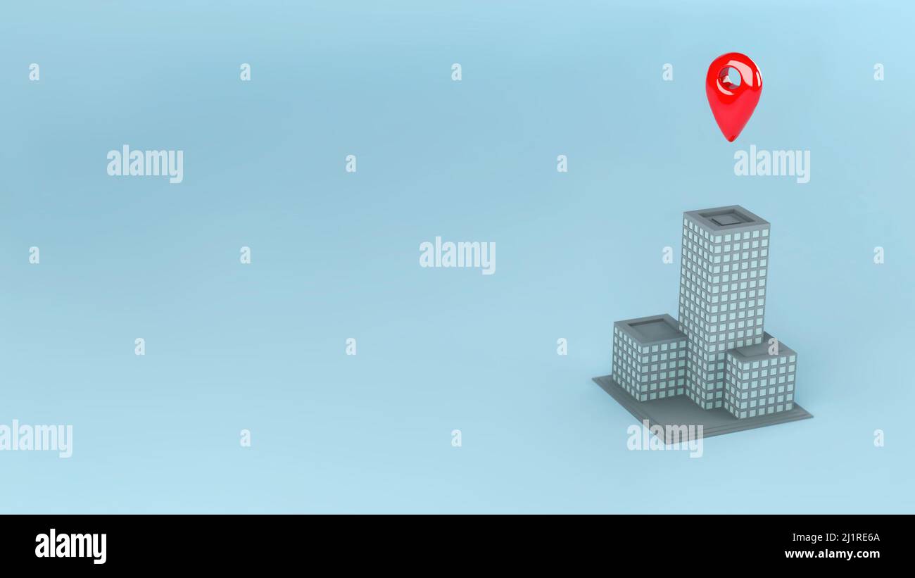Red location pin and skyscraper building concept, 3d illustration Stock Photo