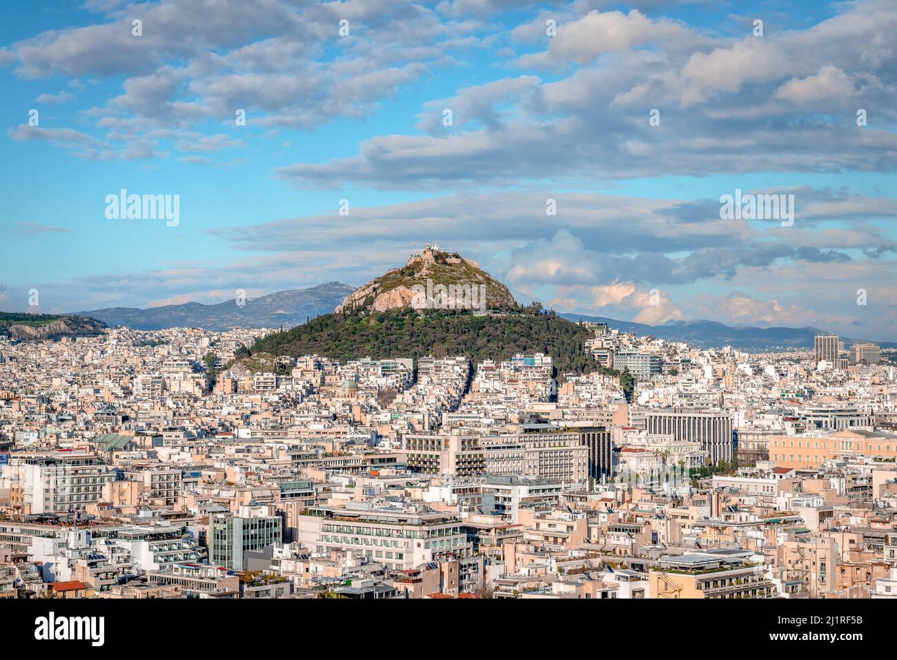 Panorama of the Athens' skyline with the Lycabettus Mount. Photo taken from the Acropolis hill. Stock Photo