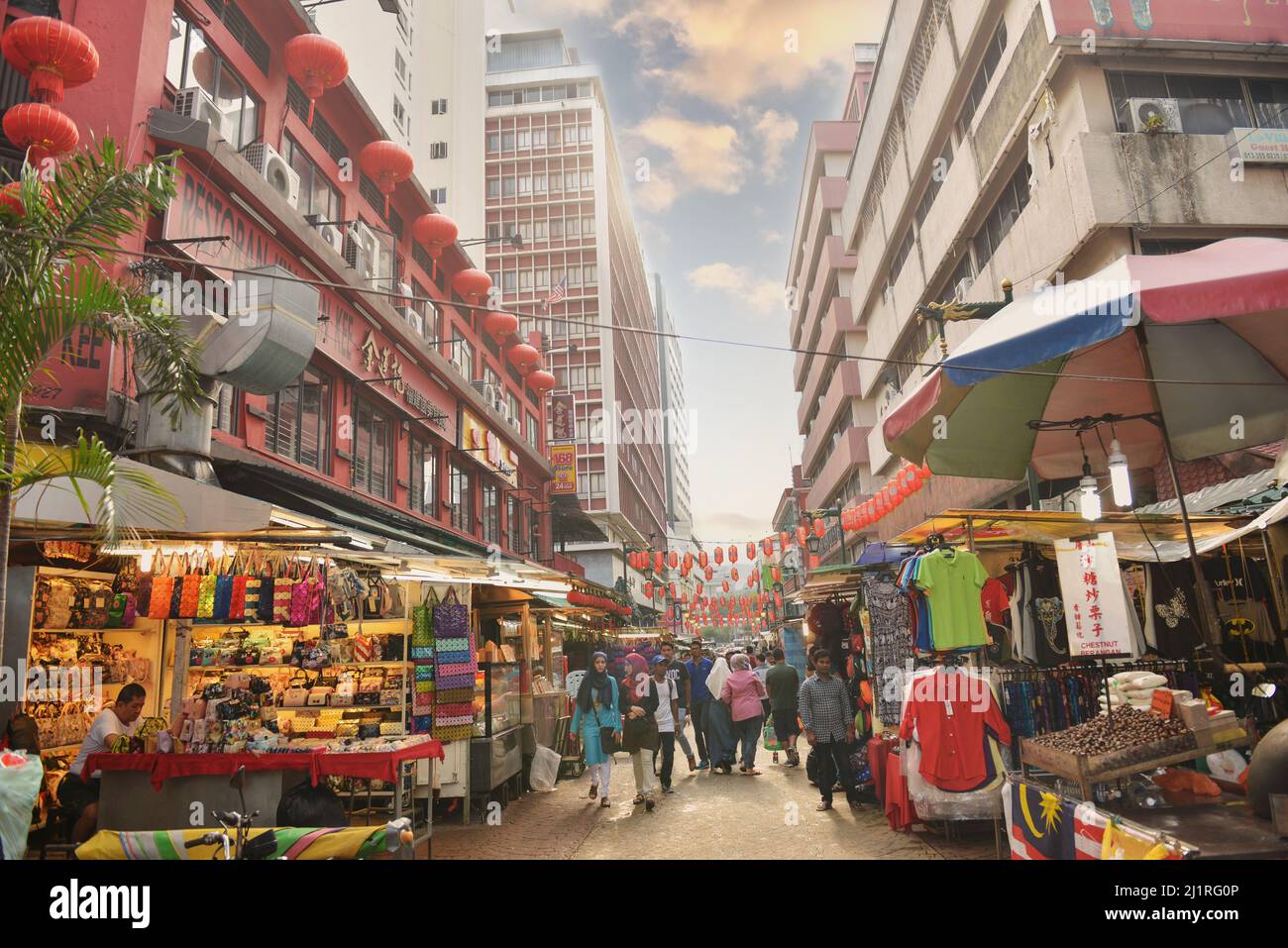 Kuala Lumpur, Malaysia - March 14, 2016: Panorama of colorful market in Chinatown district on Petaling Street Stock Photo