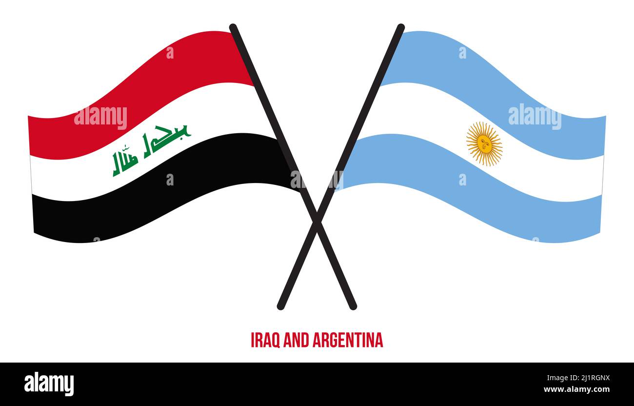 Iraq and Argentina Flags Crossed And Waving Flat Style. Official Proportion. Correct Colors. Stock Photo