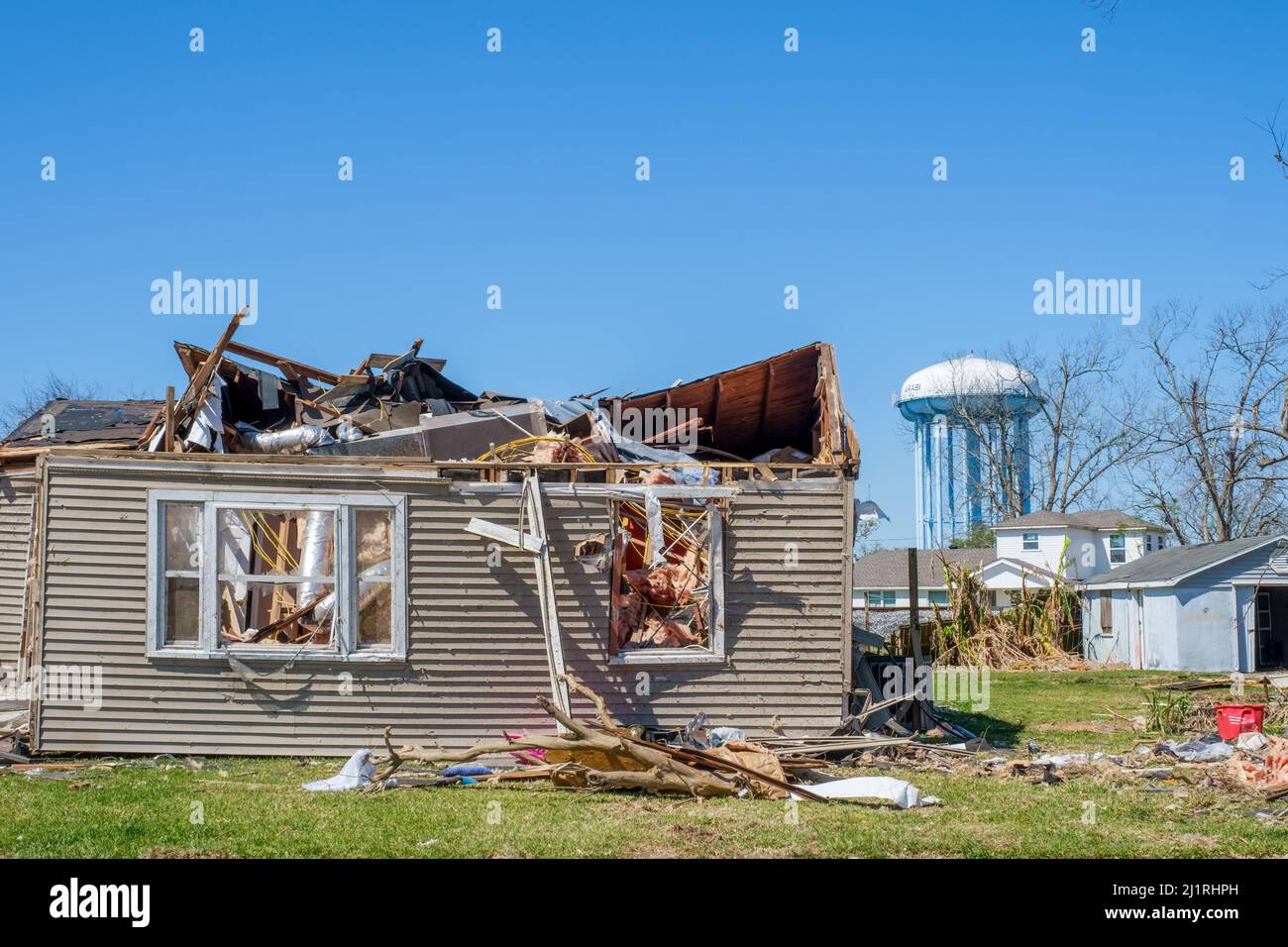 ARABI, LA, USA MARCH 26, 2022 Front of severely damaged house from