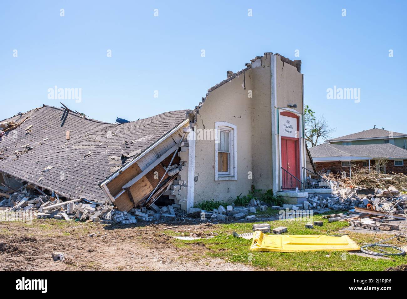 ARABI, LA, USA - MARCH 26, 2022: Collapsed roof of Faith World Assembly Church on Friscoville Avenue after tornado swept through Arabi on March 22 Stock Photo